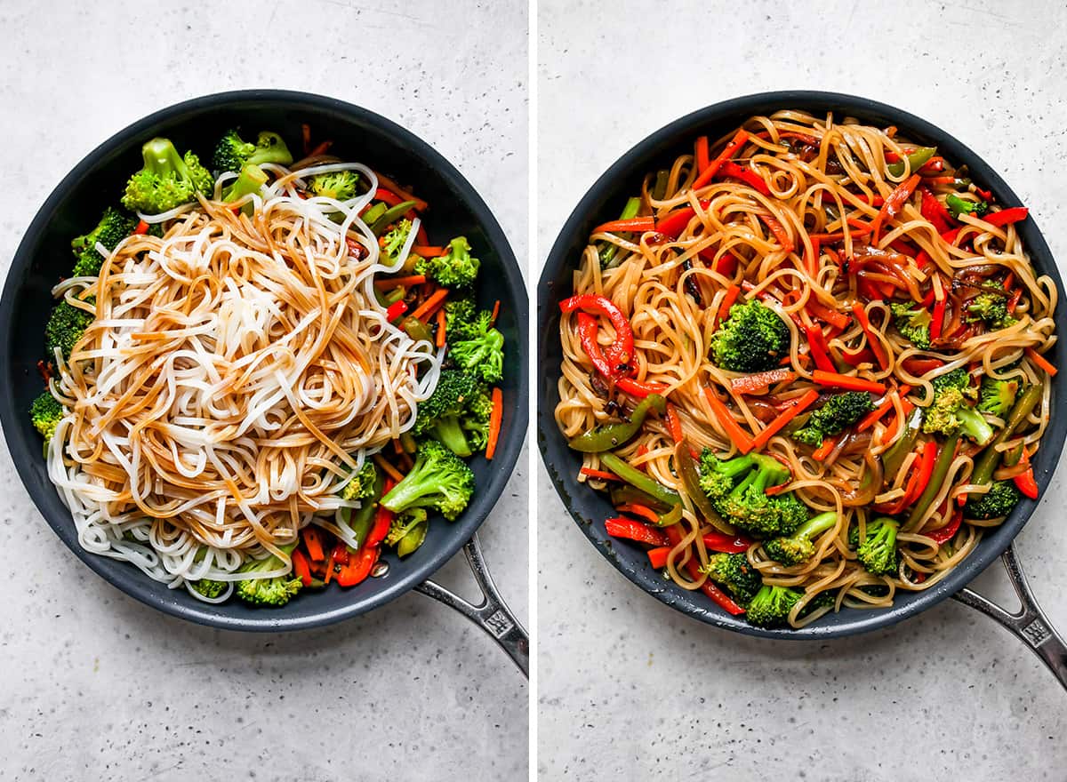 two photos showing How to Make Lo Mein - adding noodles and sauce