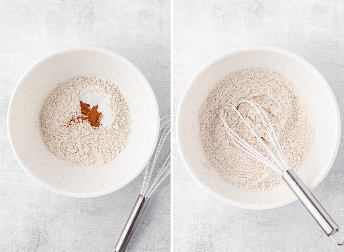 two photos showing How to Make Pancakes from Scratch - combining dry ingredients