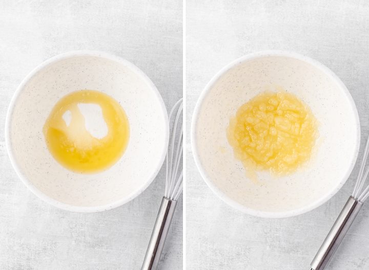 two photos showing How to Make Pancakes from Scratch - combining butter and sugar