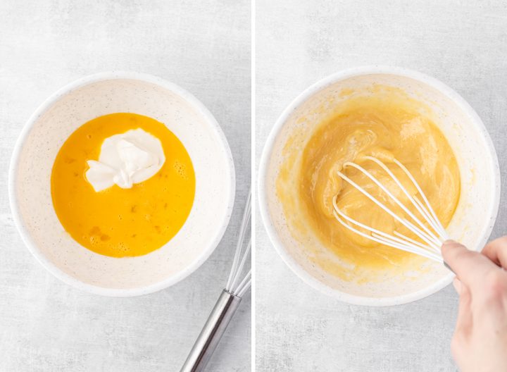 two photos showing How to Make Pancakes from Scratch - whisking in sour cream