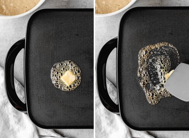 two photos showing How to Make Pancakes from Scratch - melting butter on a griddle