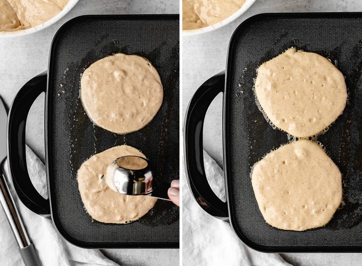 two photos showing How to Make Pancakes from Scratch - cooking the pancakes on one side