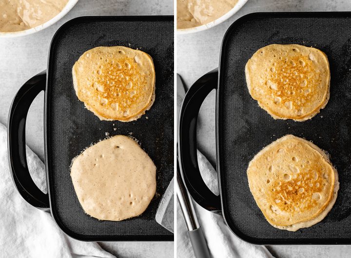 two photos showing How to Make Pancakes from Scratch - flipping and cooking pancakes on the second side