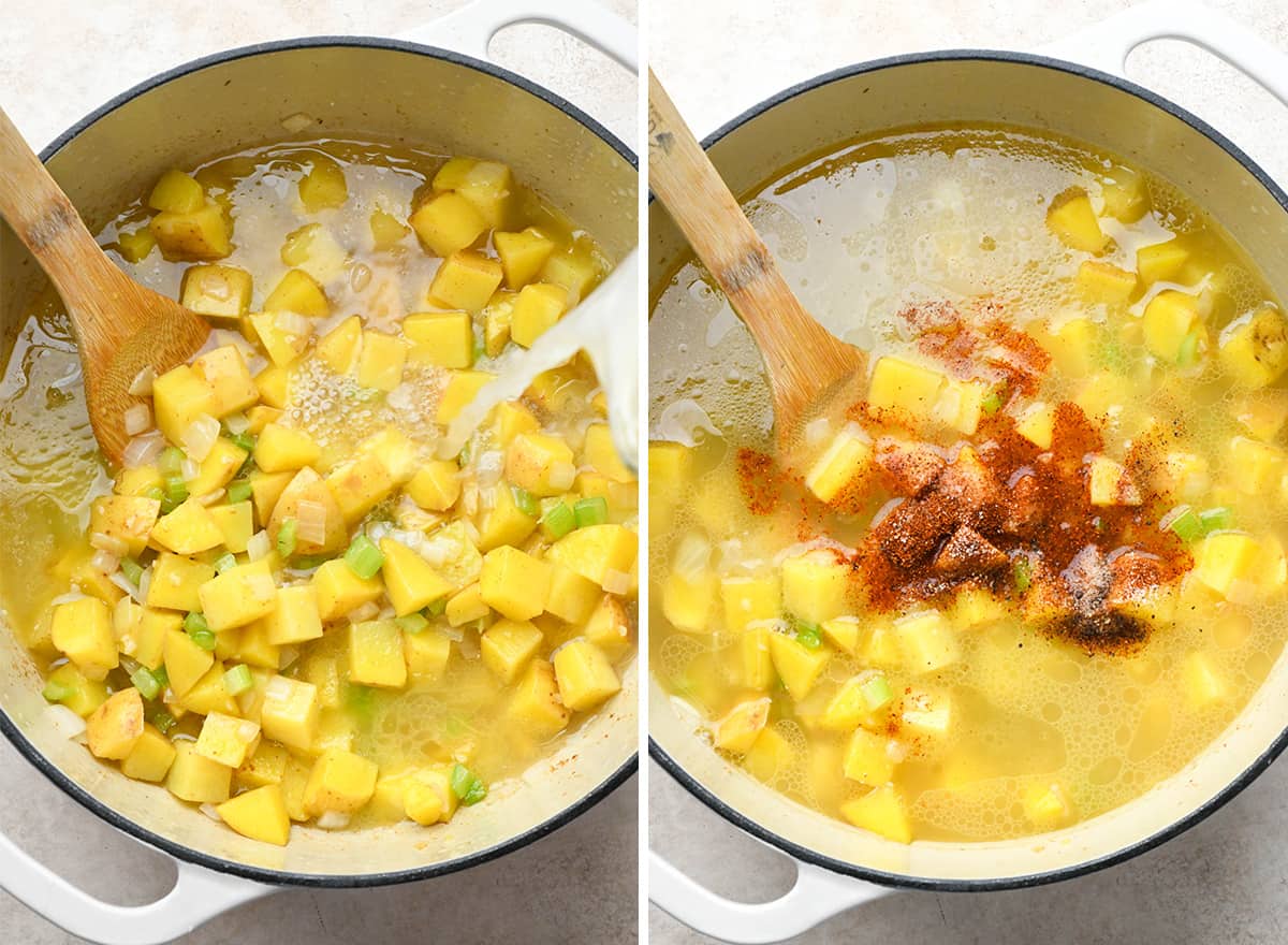two photos showing How to Make Potato Soup in a dutch oven 