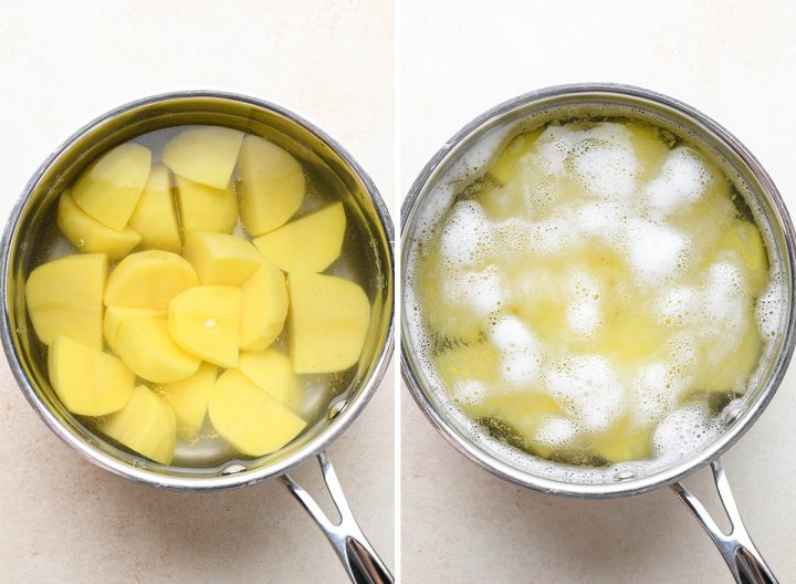 two photos showing How to Make Shepherd's Pie - cooking the potatoes