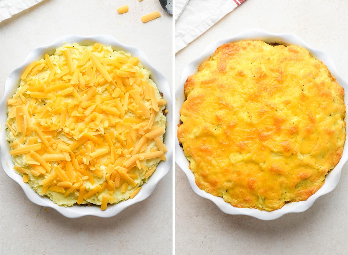 two photos showing shepherd's pie before and after baking in a pie dish. 