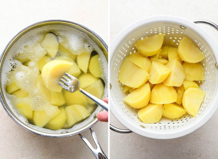 two photos showing How to Make Shepherd's Pie - preparing the potato layer