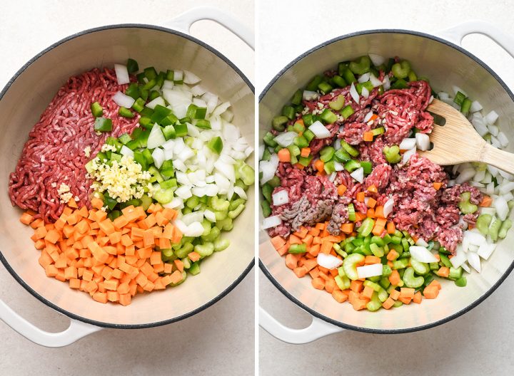 two photos showing how to make the ground beef filling for shepherd's pie