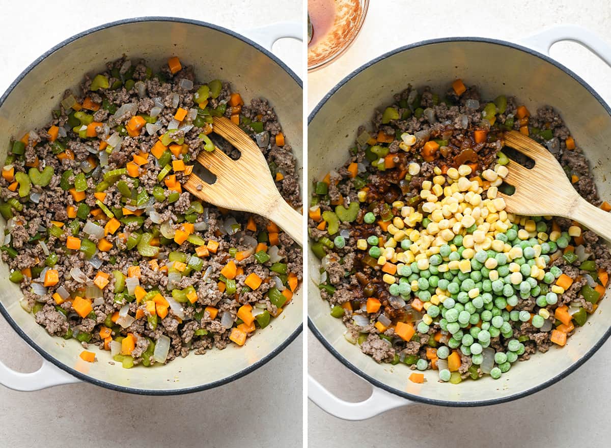 two photos showing how to make the ground beef filling for shepherd's pie
