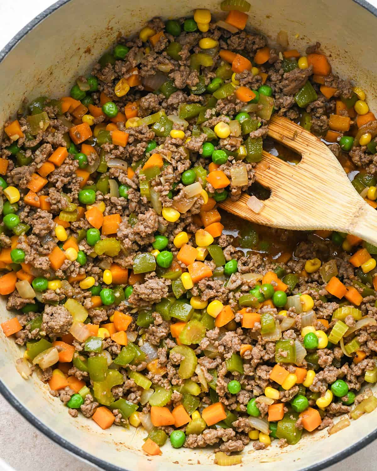 up close photo of the ground beef filling for shepherd's pie