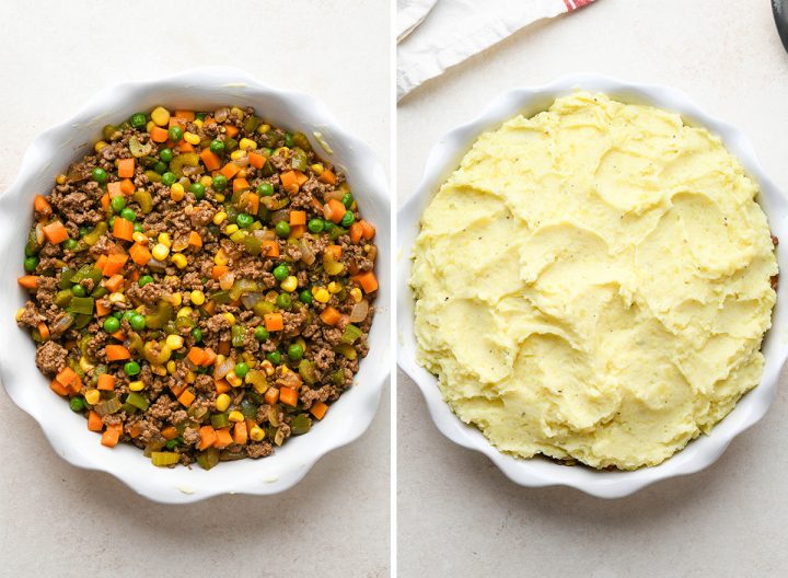 two photos showing how to assemble shepherd's pie in a pie dish