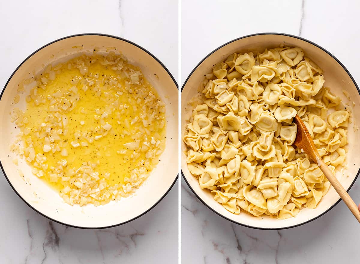 two photos showing How to Make Tortellini Sauce in a pot