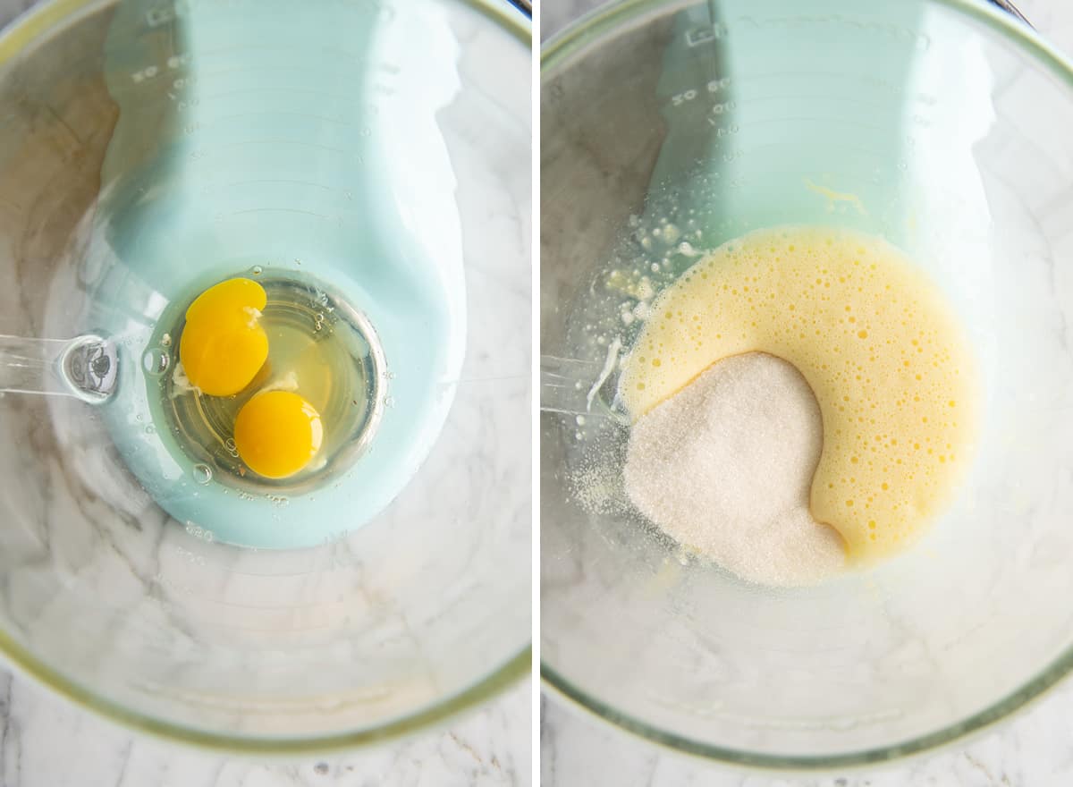 two photos showing How to Make Mini Egg Brownies in a standing mixer -  beating eggs and sugar