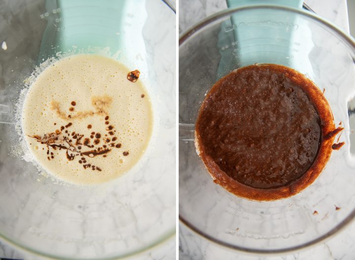 two photos showing How to Make Mini Egg Brownies in a standing mixer - adding chocolate mixture