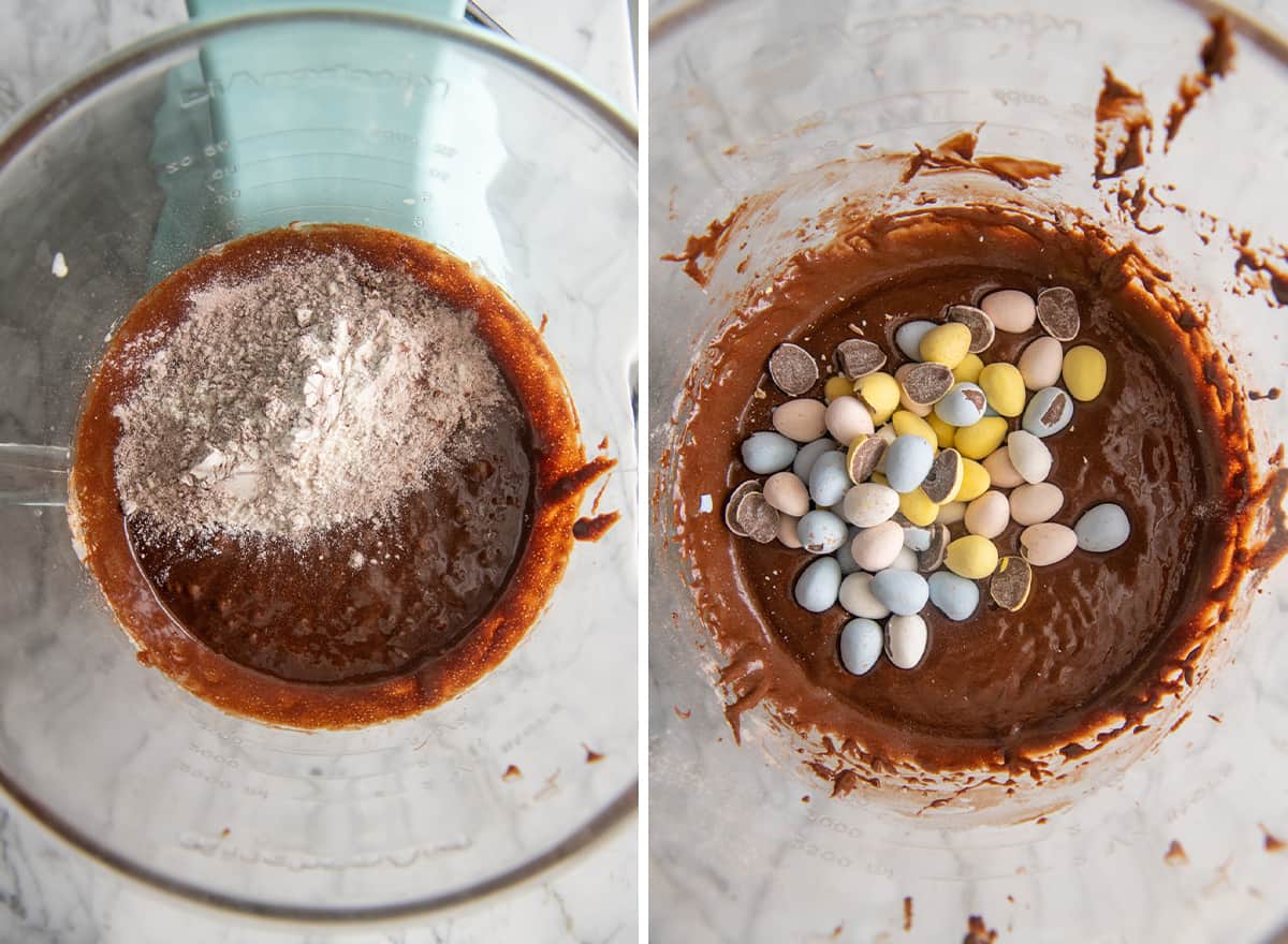 two photos showing How to Make Mini Egg Brownies in a standing mixer - adding dry ingredients and mini eggs