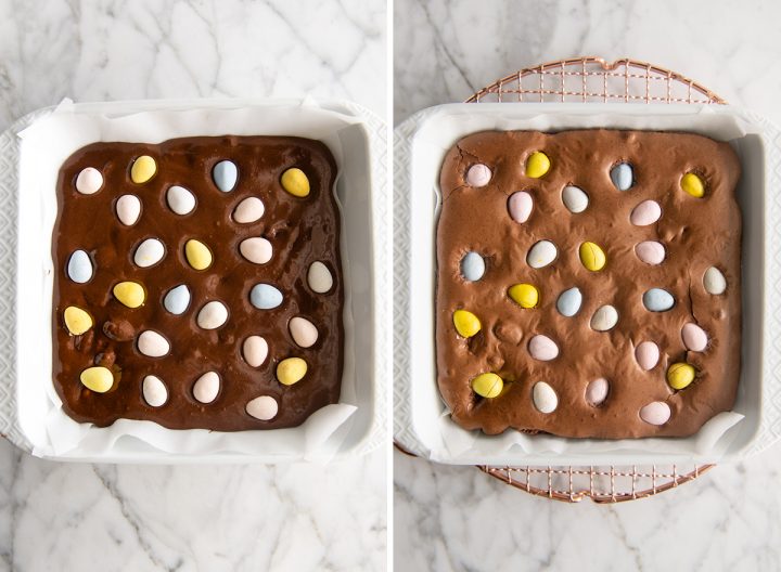 two photos showing mini egg brownies before and after baking