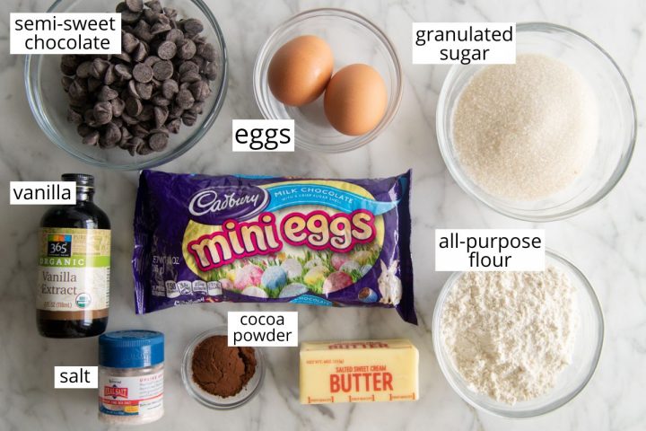 overhead photo of the ingredients in this Mini Egg Brownies recipe