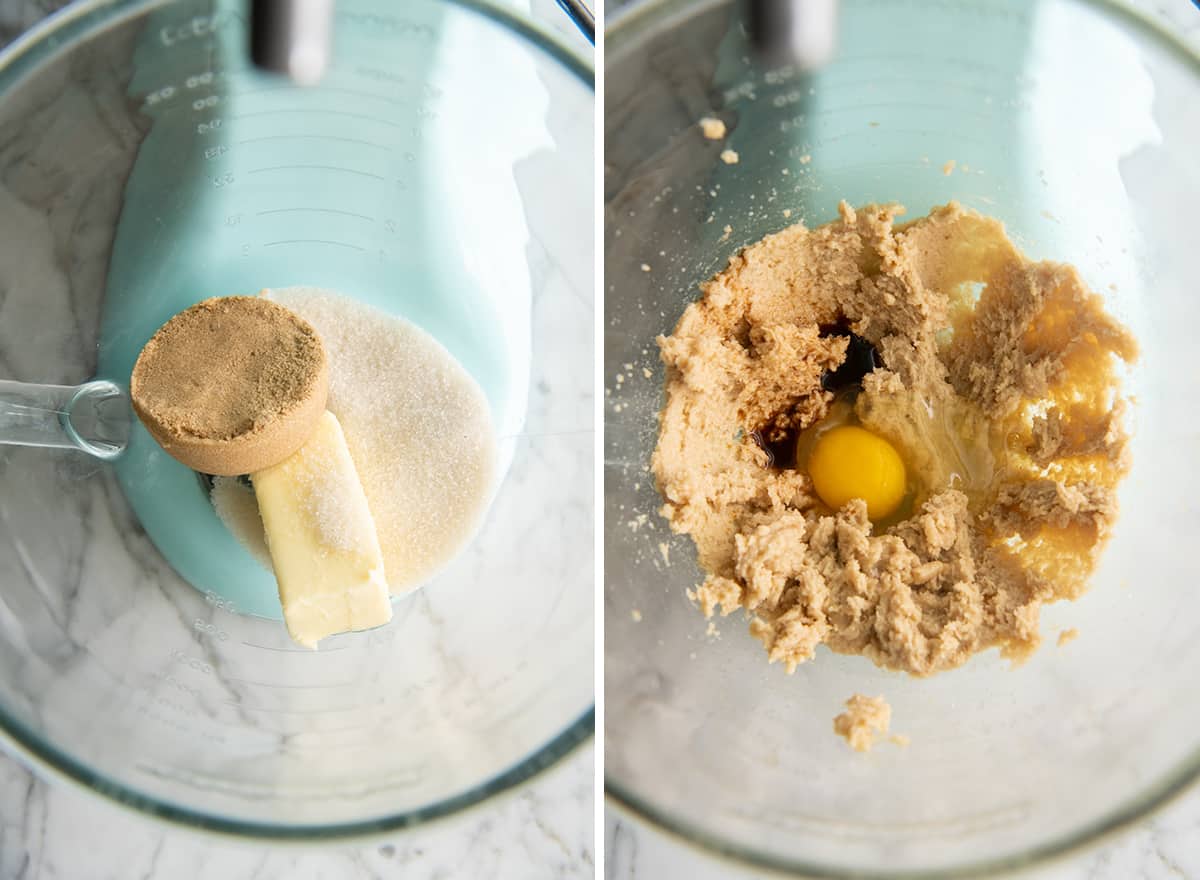 two photos showing how to make Mini Egg Cookies in a standing mixer