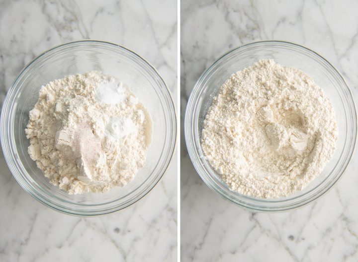 two photos showing how to make Mini Egg Cookies - mixing dry ingredients