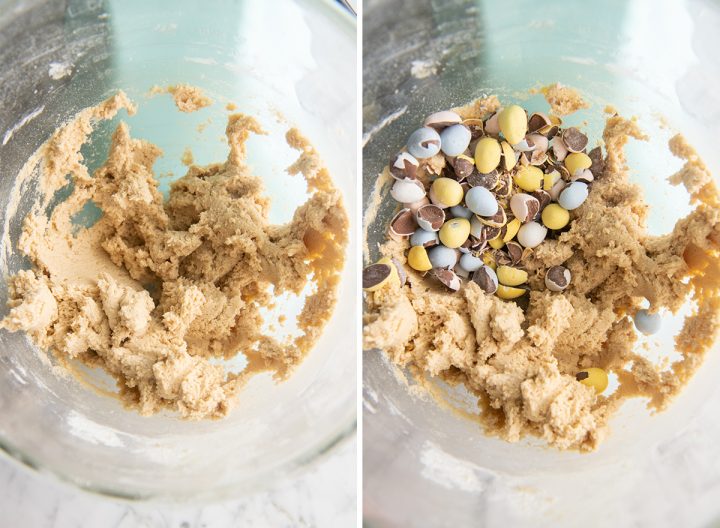 two photos showing how to make Mini Egg Cookies in a standing mixer