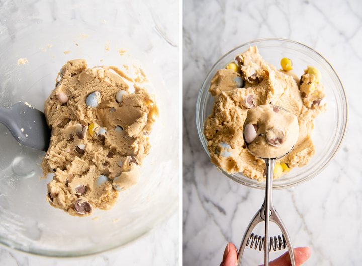 two photos showing how to make Mini Egg Cookies - scooping cookie dough