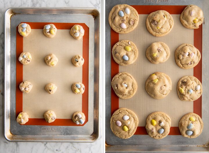 two photos showing how to make Mini Egg Cookies before and after baking on a baking pan