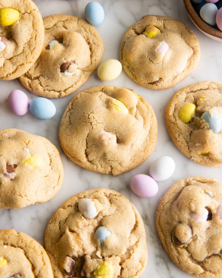 Mini Egg Cookies on a marble surface