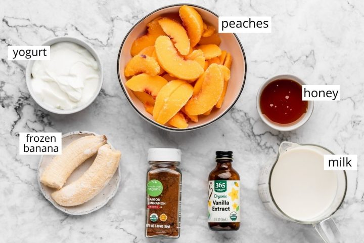 overhead view of the ingredients in this Peach Smoothie Recipe