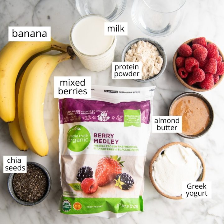 overhead view of the ingredients in this Protein Smoothie recipe