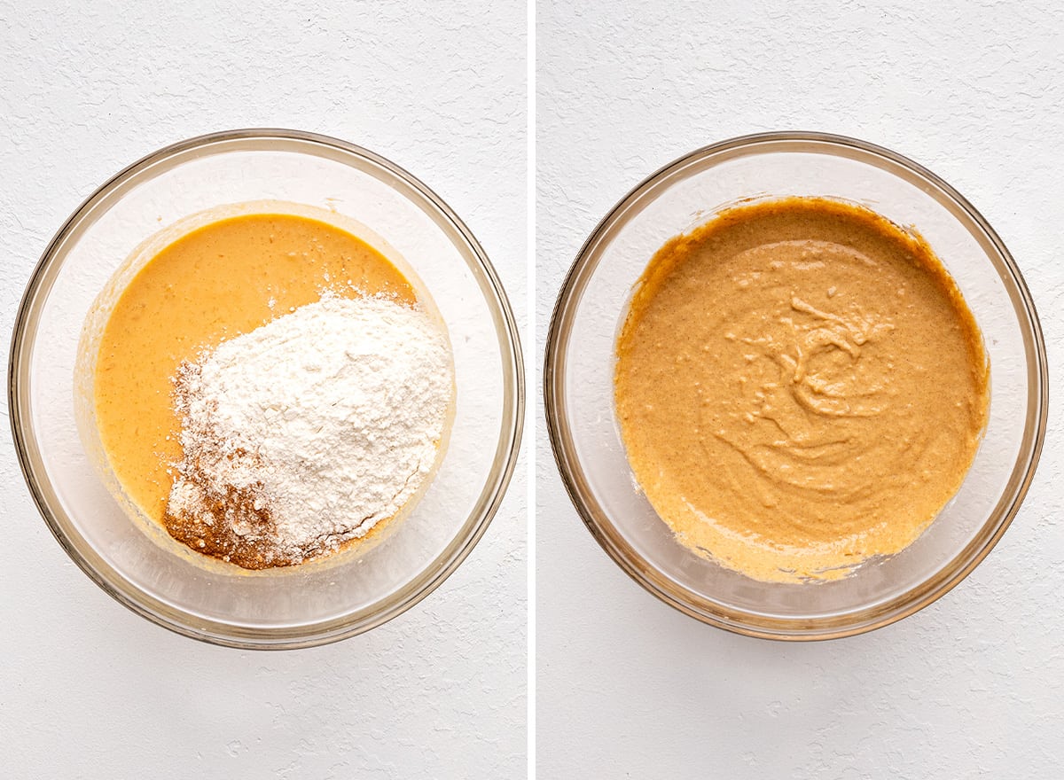 two photos showing How to Make Pumpkin Waffles - combining wet and dry ingredients