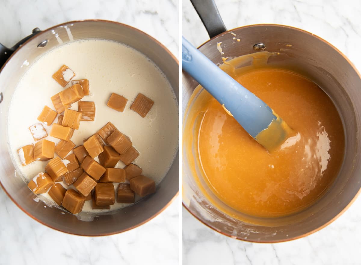 two photos showing how to make the caramel layer in these caramel brownies