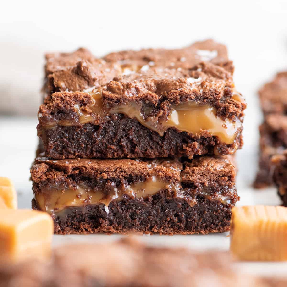 a stack of 2 salted caramel brownies