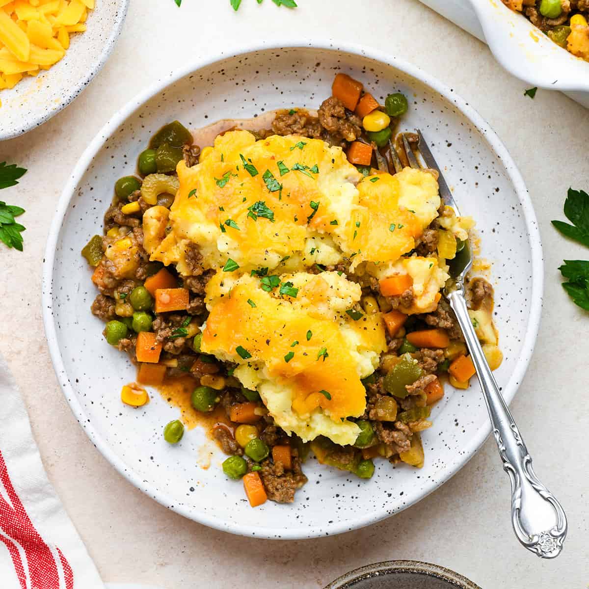 Shepherd's Pie on a plate with a fork