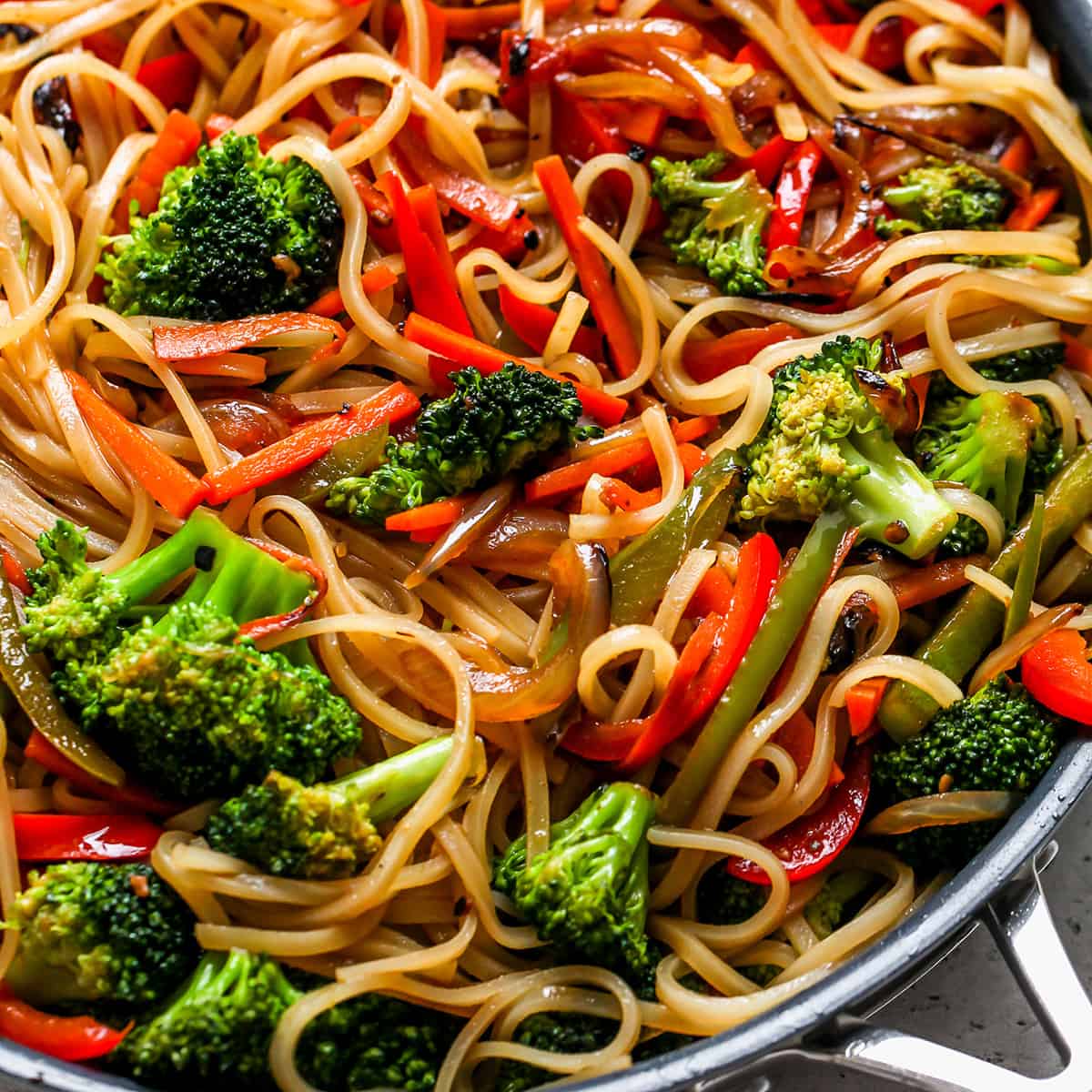 Vegetable Lo Mein in a frying pan after being cooked