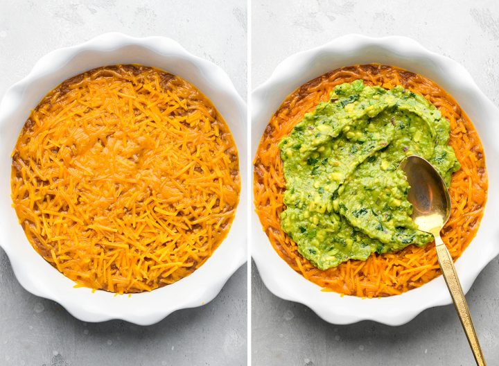 two photos showing how to assemble this Mexican 7 Layer Dip Recipe