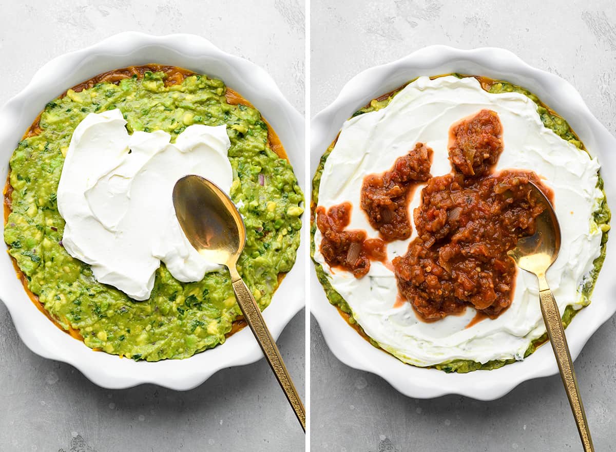 two photos showing how to assemble Mexican 7 Layer Dip