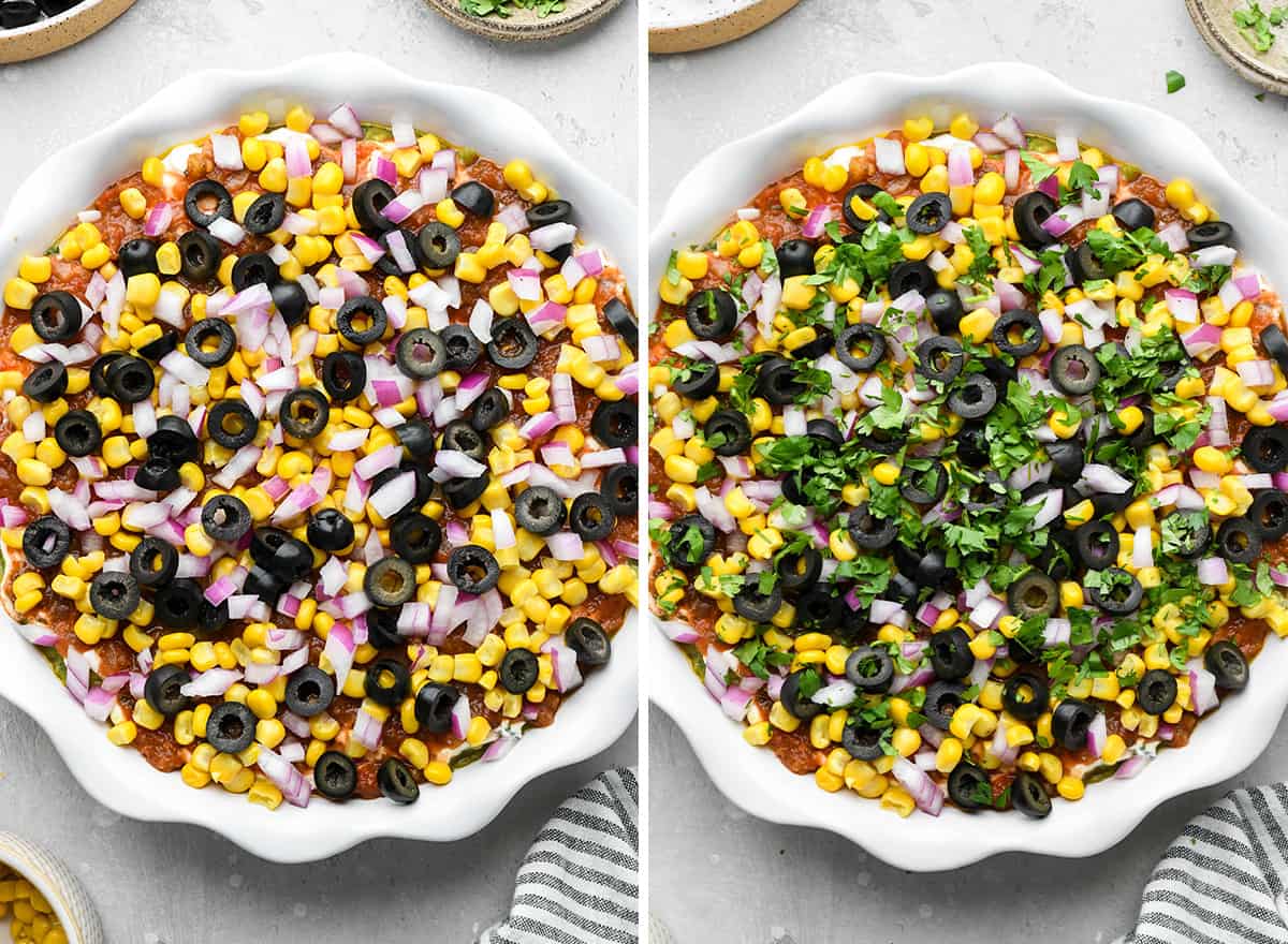 two photos showing how to assemble Mexican 7 Layer Dip
