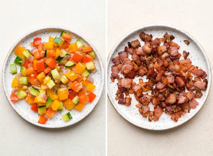 two photos showing different omelet fillings. 