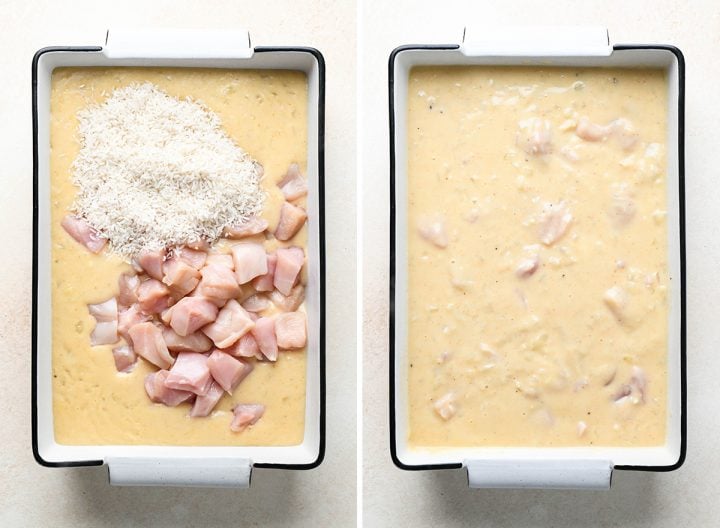 two photos showing how to assemble a Broccoli Chicken and Rice Casserole