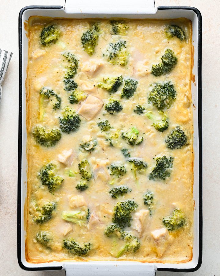 Broccoli Chicken and Rice Casserole in a baking dish after baking