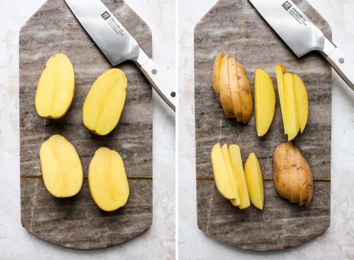 two photos showing How to Roast Potatoes - cutting the potatoes