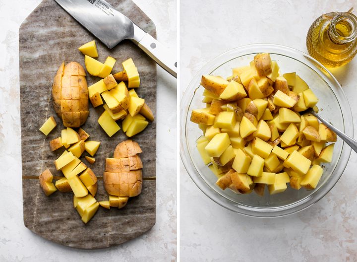 two photos showing How to Roast Potatoes - cutting the potatoes and the cut potatoes in a bowl