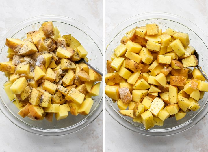 two photos showing How to Roast Potatoes - adding salt pepper and olive oil