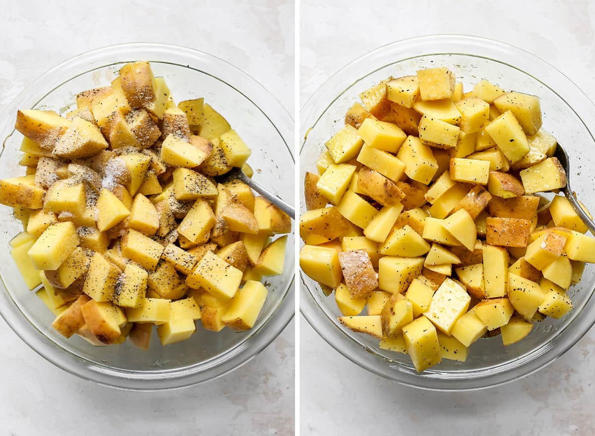 two photos showing How to Roast Potatoes - adding salt pepper and olive oil