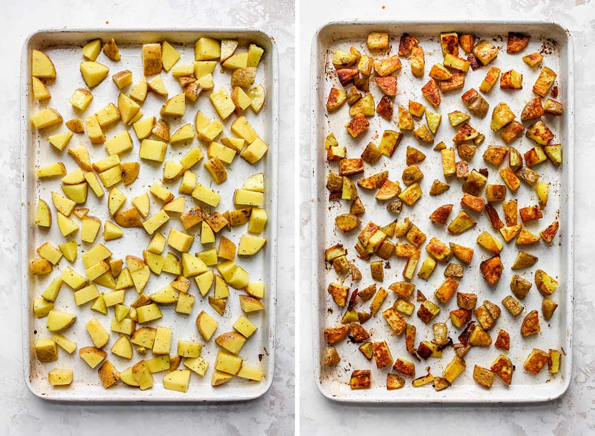 two photos showing How to Roast Potatoes on a baking sheet before and after roasting