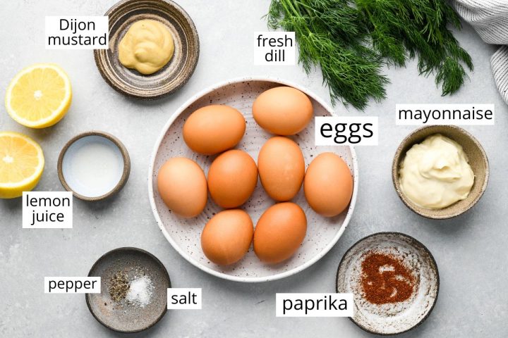 overhead photo of the ingredients in this Deviled Eggs Recipe
