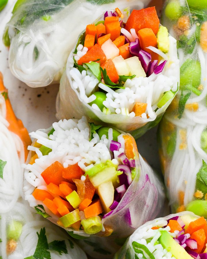 close up photo of the inside of a Spring Roll cut in half