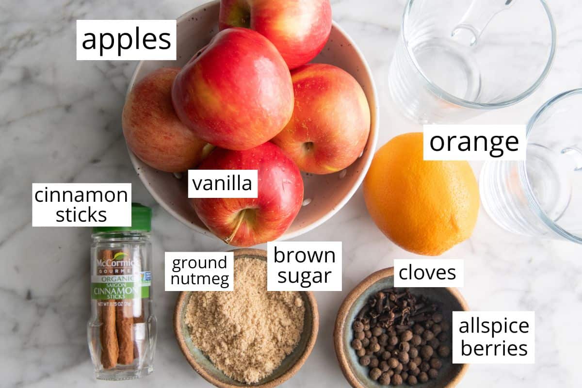 overhead photo of the labeled ingredients in this Homemade Apple Cider Recipe