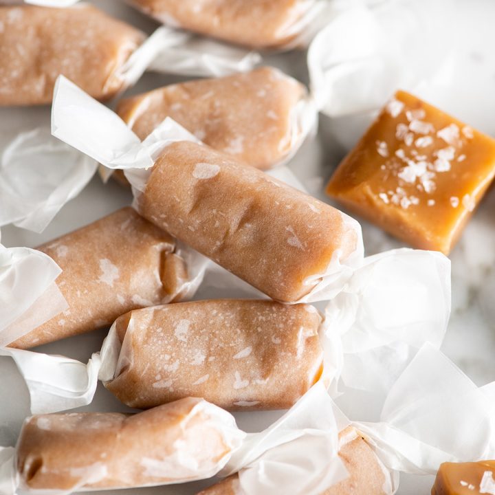 Homemade Caramel Recipe wrapped in candy wrappers 