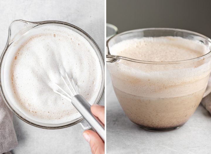 two photos showing How to Make a Pumpkin Spice Latte - mixing milk into pumpkin syrup